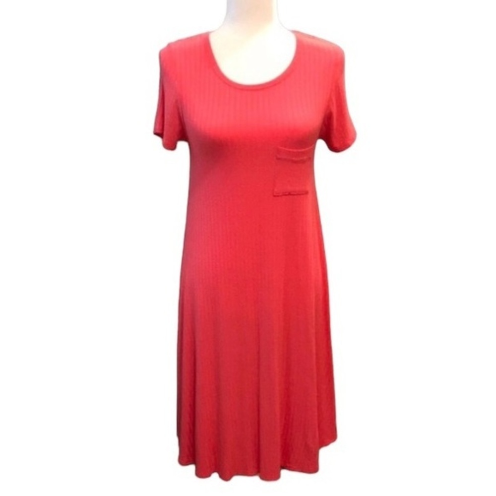 LuLaRoe Carly Dress Women Small Coral Ribbed Knit High-Low Swing Short Sleeve S